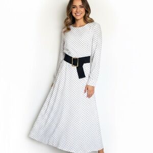Elegant White Polka Dot Long Sleeve Dress with Black Belt